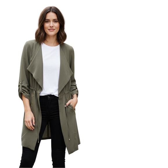 Kismet Olive Green Drape Front Utility Jacket Drawstring Waist Zip Pockets Sz M - Picture 2 of 11